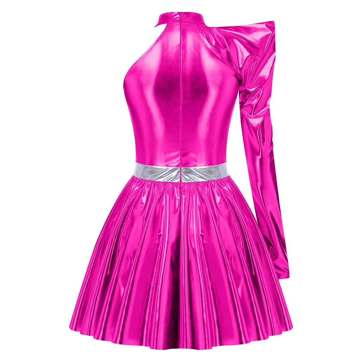 80s Metallic One-Shoulder Mini Skater Dress - Disco Cosplay Costume