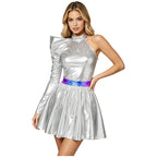 80s Metallic One-Shoulder Mini Skater Dress - Disco Cosplay Costume