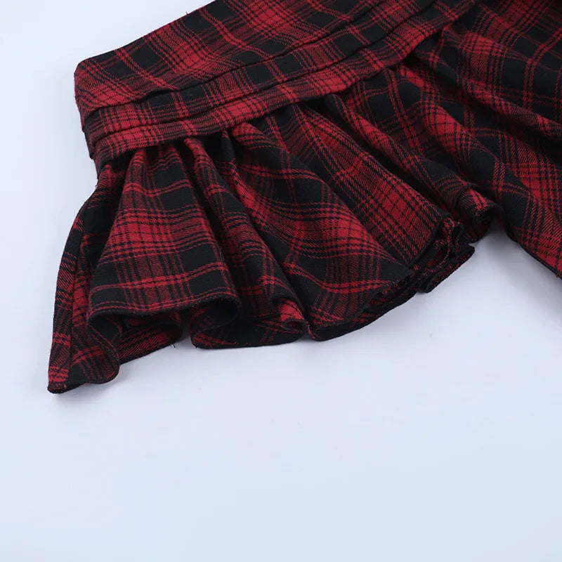 Dark Mall Goth Plaid Asymmetrical Belted Mini Skirt