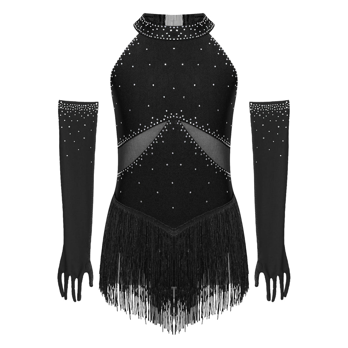 Girls Rhinestone Figure Skating Leotard - Fringe Dress with Gloves