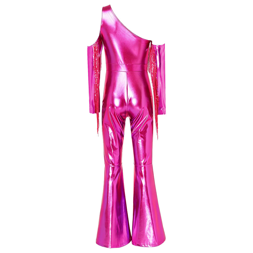Women's Metallic Sequin Fringe Flare Jumpsuit - One-Shoulder Retro Disco