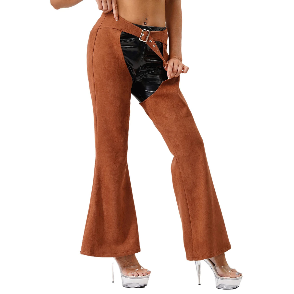Faux Suede Western Cowgirl Chaps - Hollow-Out Biker Riding Pants