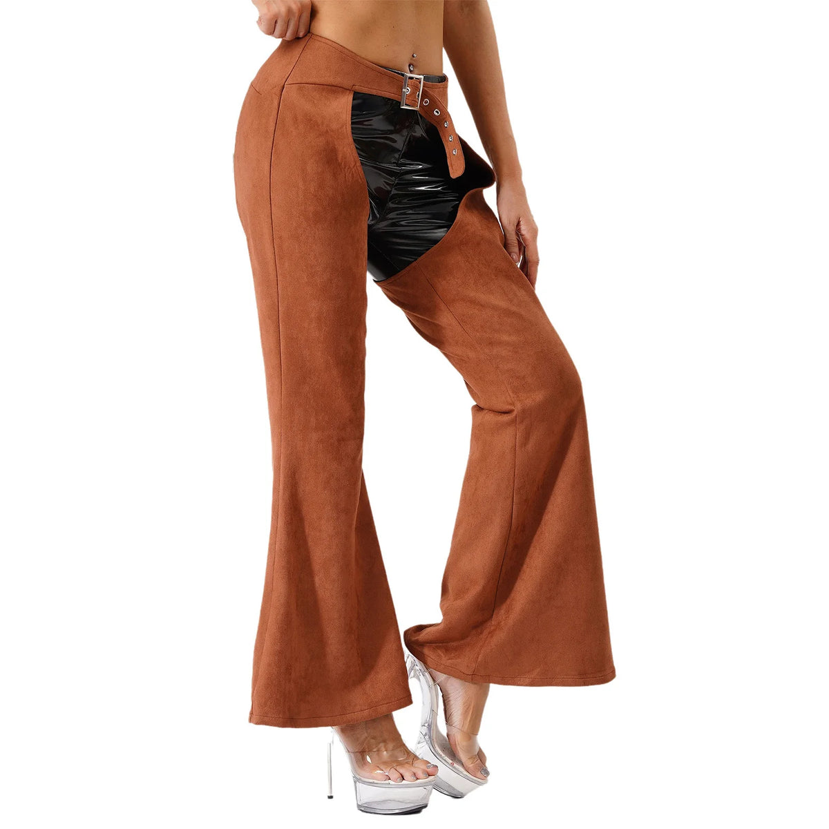 Faux Suede Western Cowgirl Chaps - Hollow-Out Biker Riding Pants