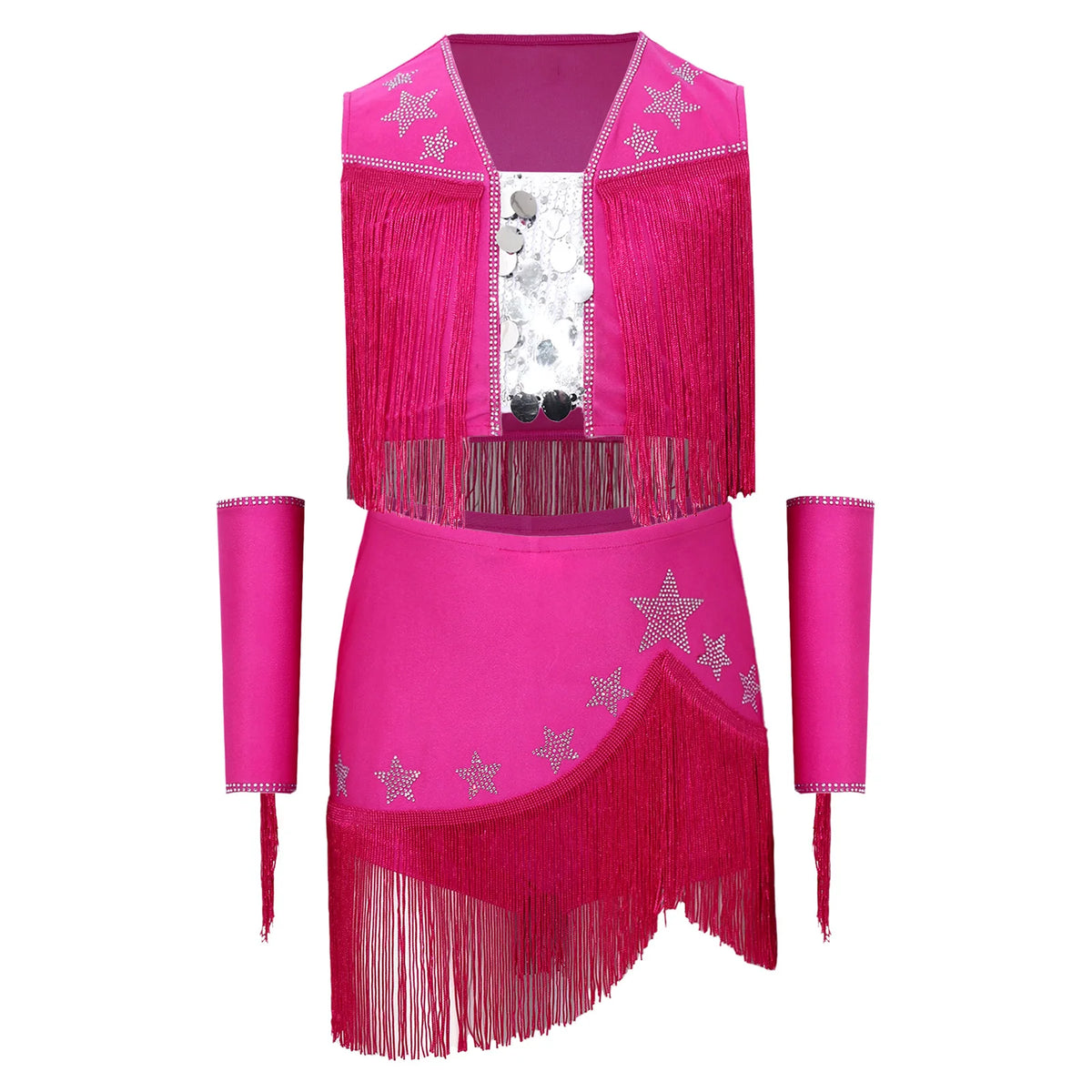 Girls Cowgirl Fringe Dance Costume - Sequined Tops & Skirt Set