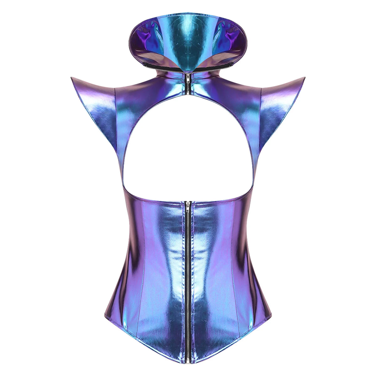 Futuristic Metallic Armor Corset Top - Zip-Front Cutout Bustier