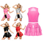 Glossy PU Leather Dance Outfit - Zipper Crop Top & Ruffled Skirt