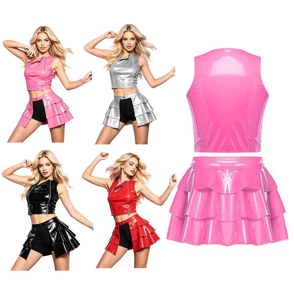 Glossy PU Leather Dance Outfit - Zipper Crop Top & Ruffled Skirt