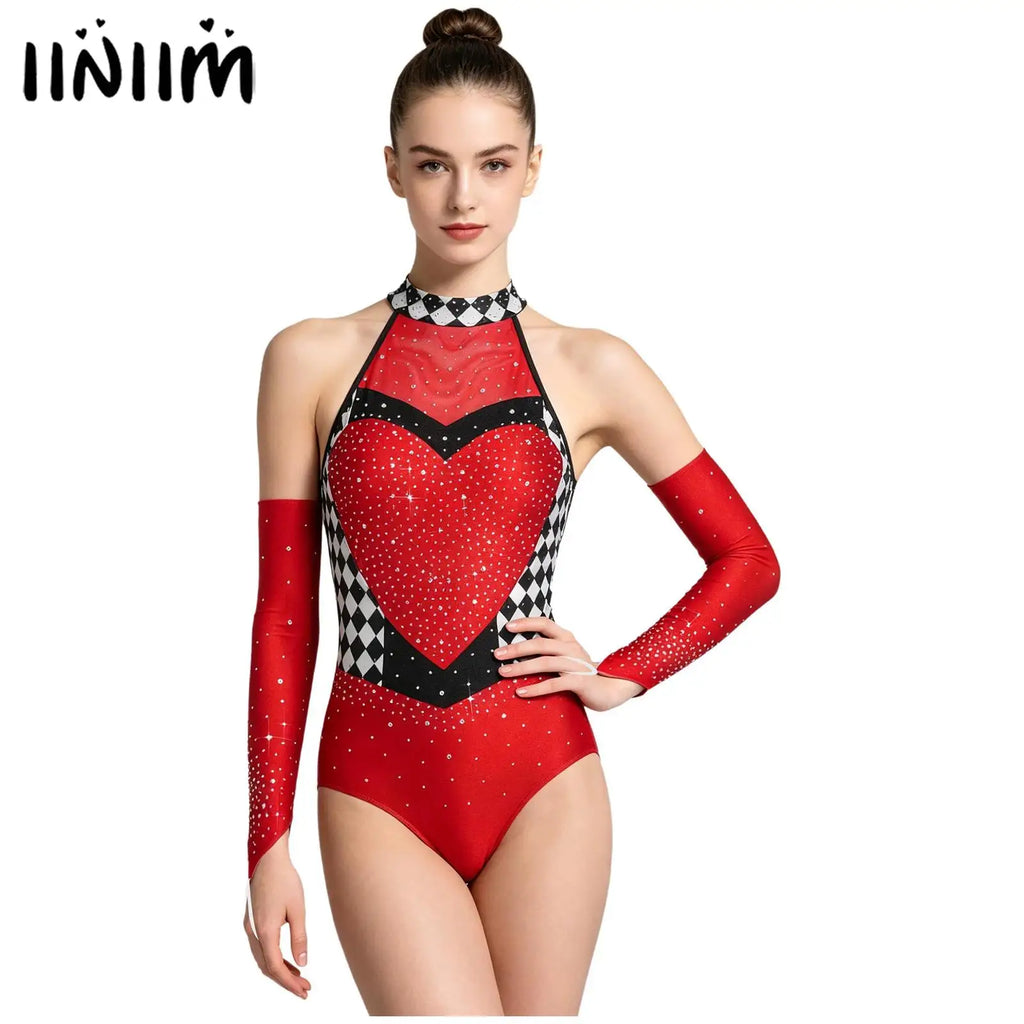 Women's Queen Clown Circus Halter Leotard with Detachable Sleeves