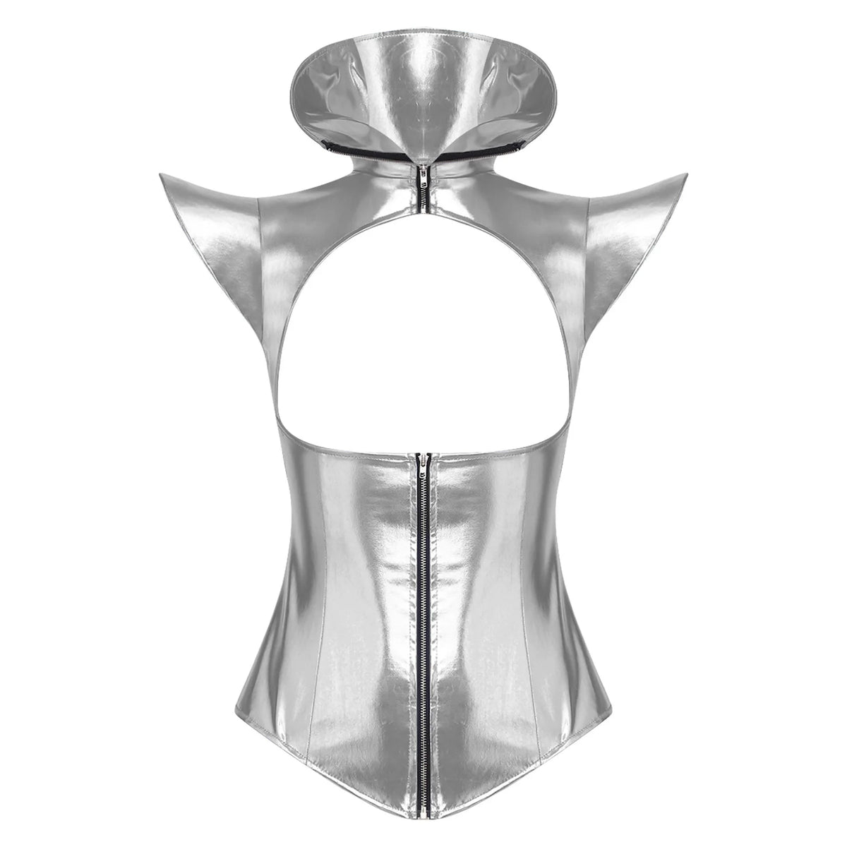 Futuristic Metallic Armor Corset Top - Zip-Front Cutout Bustier