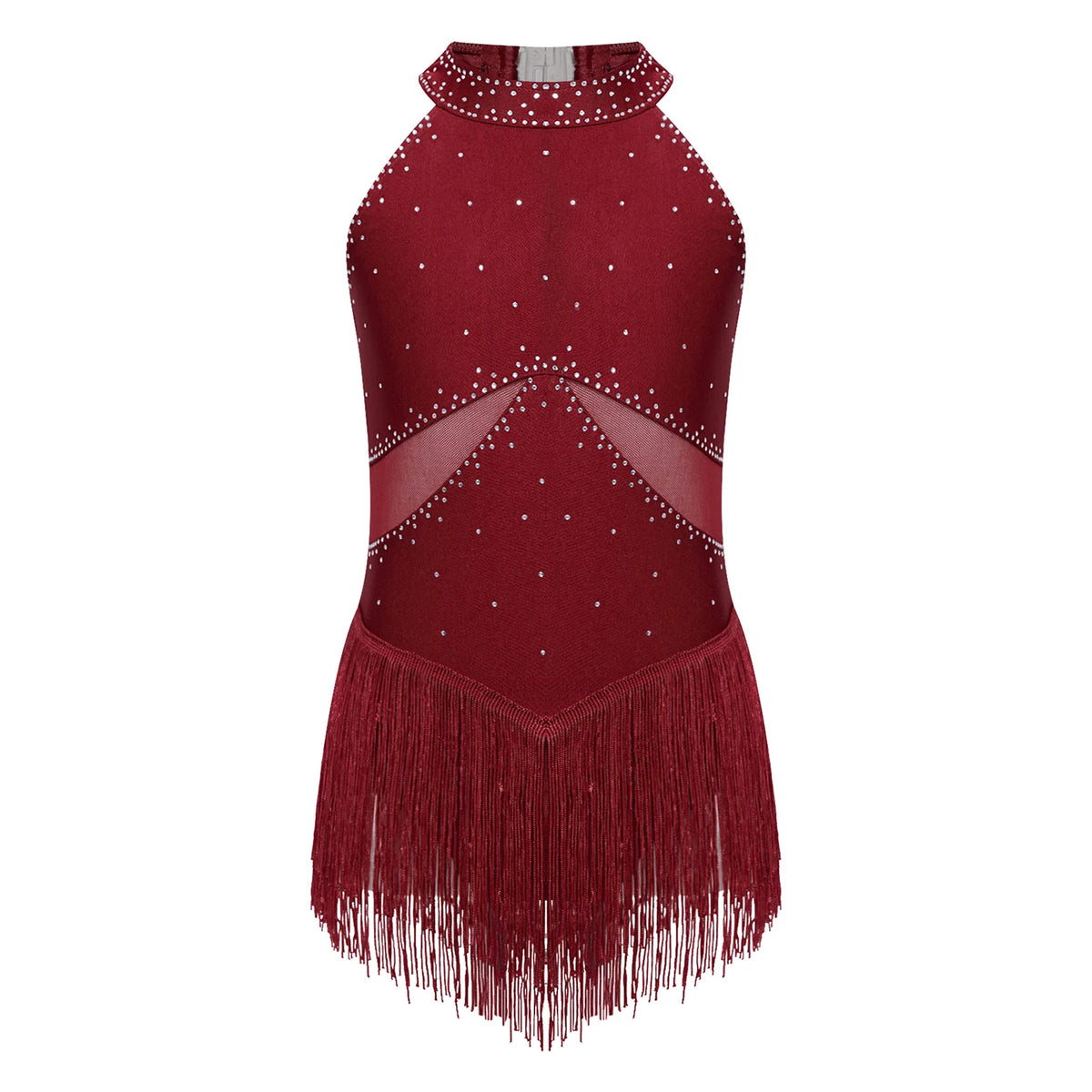 Girls Rhinestone Figure Skating Leotard - Fringe Dress with Gloves