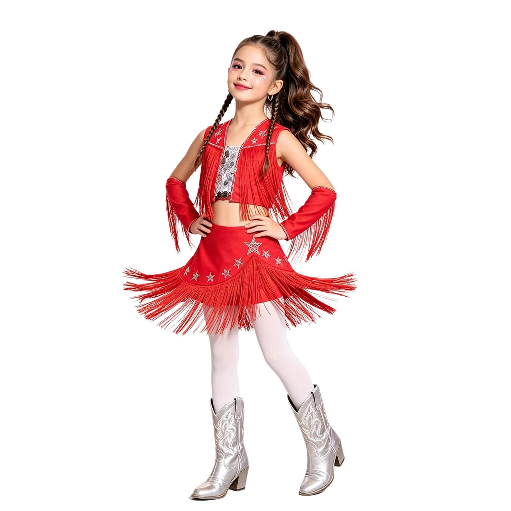 Girls Cowgirl Fringe Dance Costume - Sequined Tops & Skirt Set
