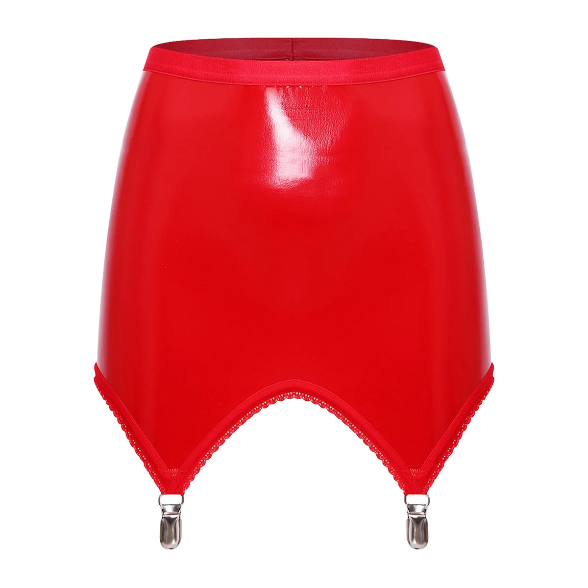 Glossy PU High-Waist Garter Skirt - Wet-Look Latex Bodycon Miniskirt