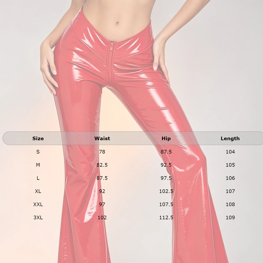 Women's Glossy PU Flare Bell-Bottom Pants - V-Waist Rave Clubwear