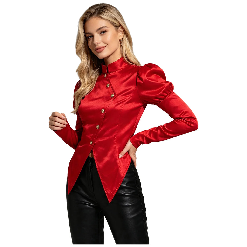 Women's Victorian Circus Ringmaster Satin Blazer - Puff Sleeve Top