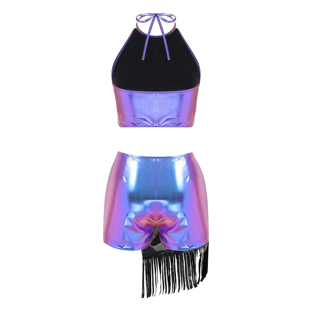 Women's Holographic Fringe 2-Piece Rave Outfit - Halter Set