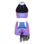 Women's Holographic Fringe 2-Piece Rave Outfit - Halter Set