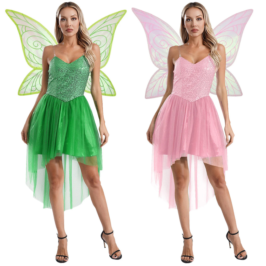 Fairy Elf Sequin Dress Set - High-Low Tulle Dress with Wings