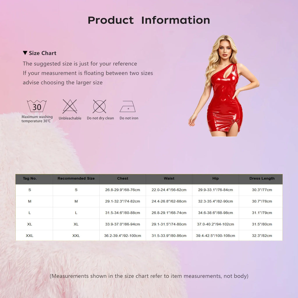 Women's One-Shoulder Cutout Glossy PU Leather Mini Dress | Split Hem Clubwear