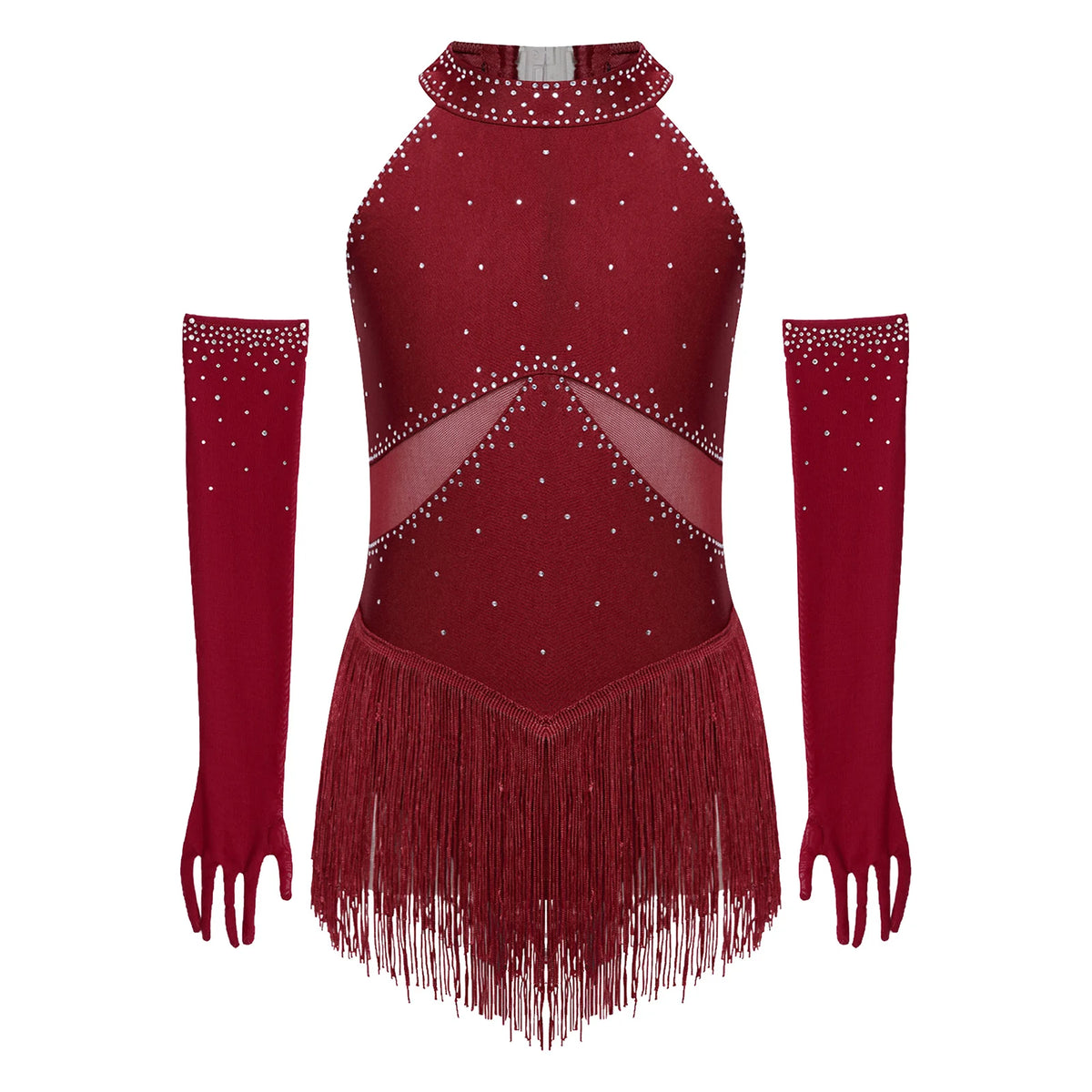 Girls Rhinestone Figure Skating Leotard - Fringe Dress with Gloves