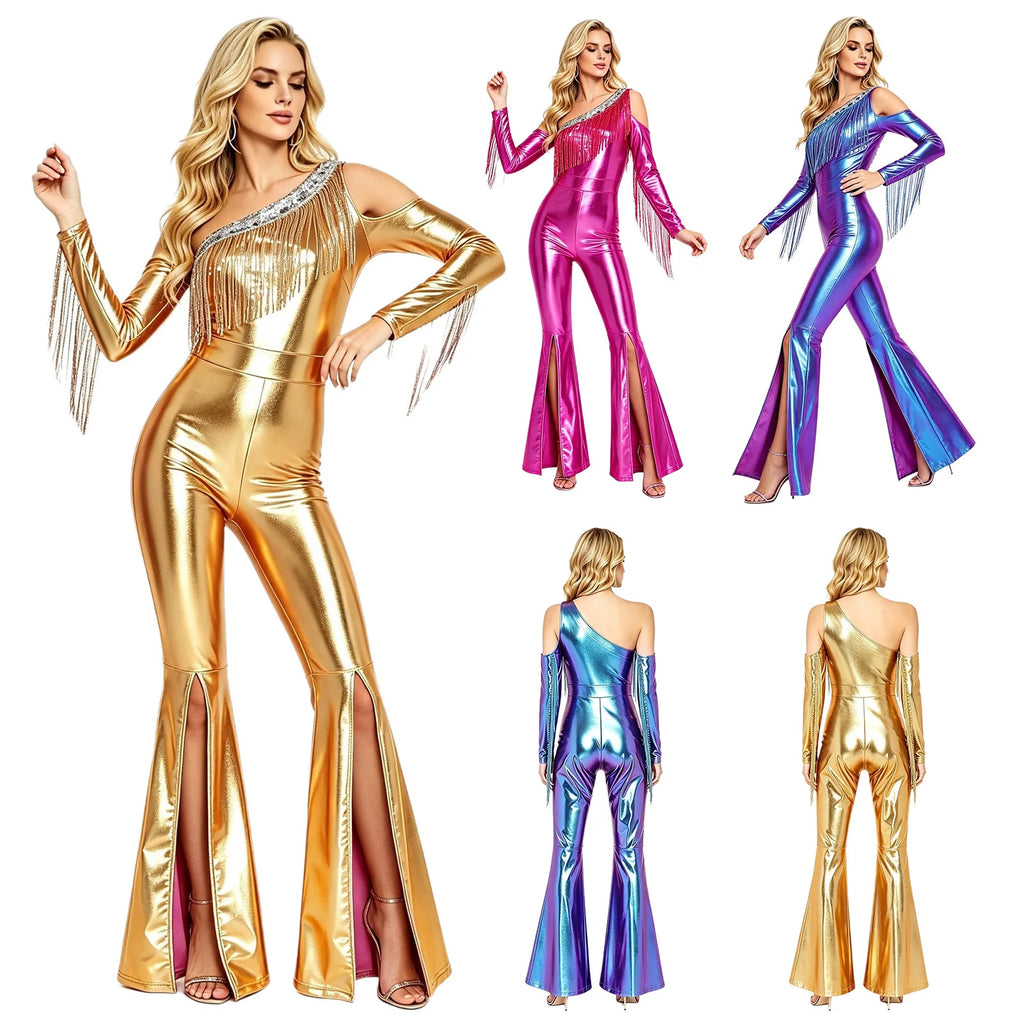 Women's Metallic Sequin Fringe Flare Jumpsuit - One-Shoulder Retro Disco