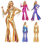 Women's Metallic Sequin Fringe Flare Jumpsuit - One-Shoulder Retro Disco