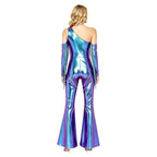 Women's Metallic Sequin Fringe Flare Jumpsuit - One-Shoulder Retro Disco