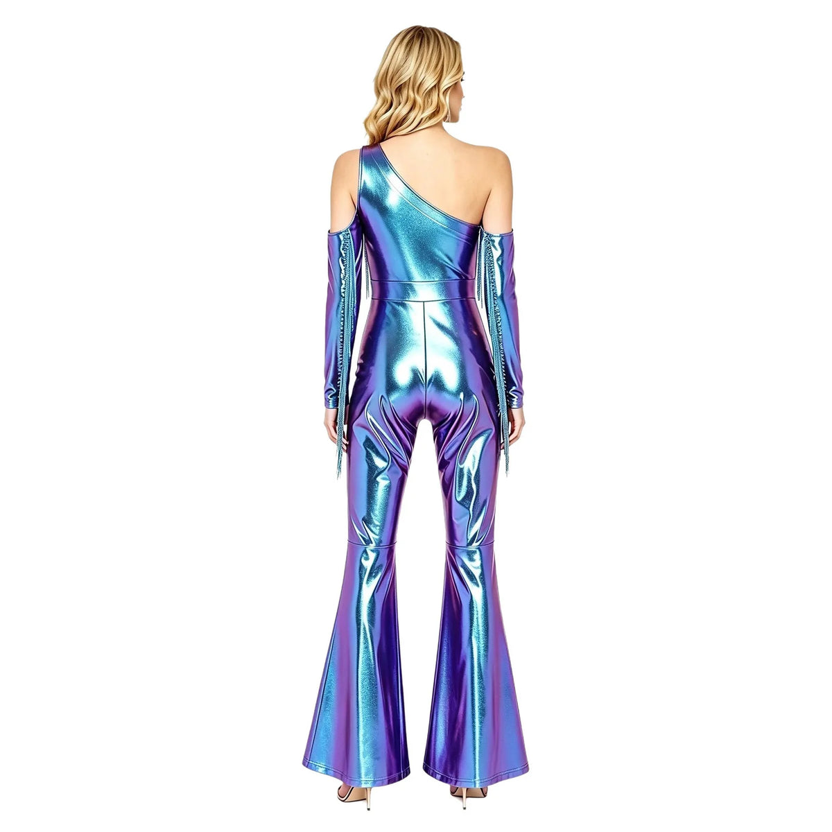 Women's Metallic Sequin Fringe Flare Jumpsuit - One-Shoulder Retro Disco