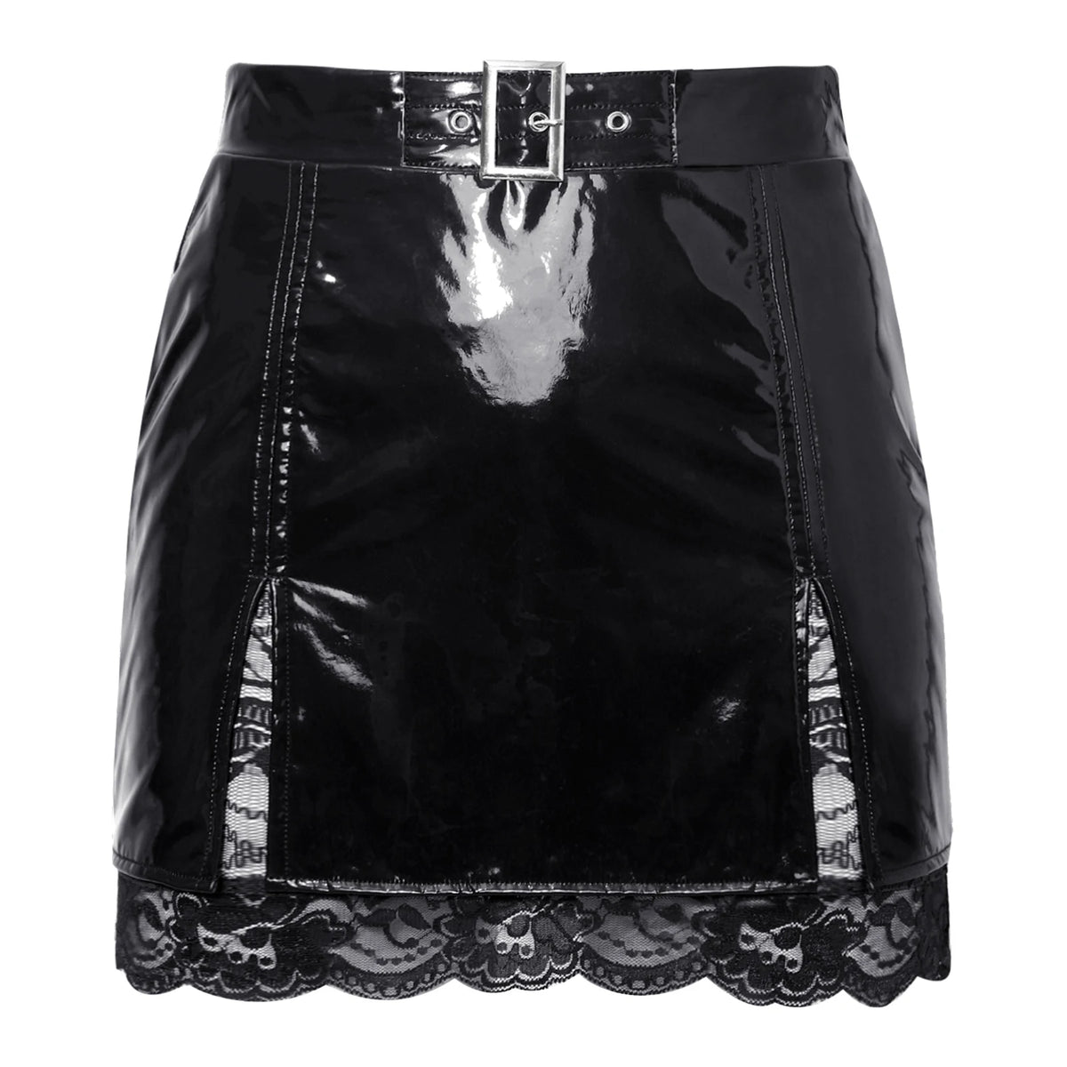 Glossy PU Leather High-Waist Miniskirt - Split Hem Floral Lace Skirt