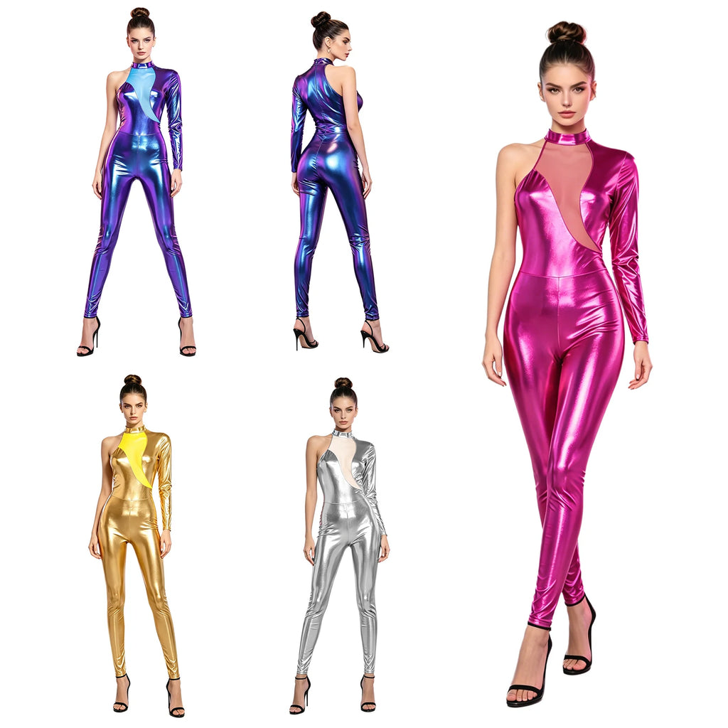 Women's Holographic Mesh Asymmetric Jumpsuit - One-Sleeve Catsuit
