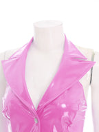 Glossy PU Leather Notched Collar Mini Dress - Deep V Neck Clubwear