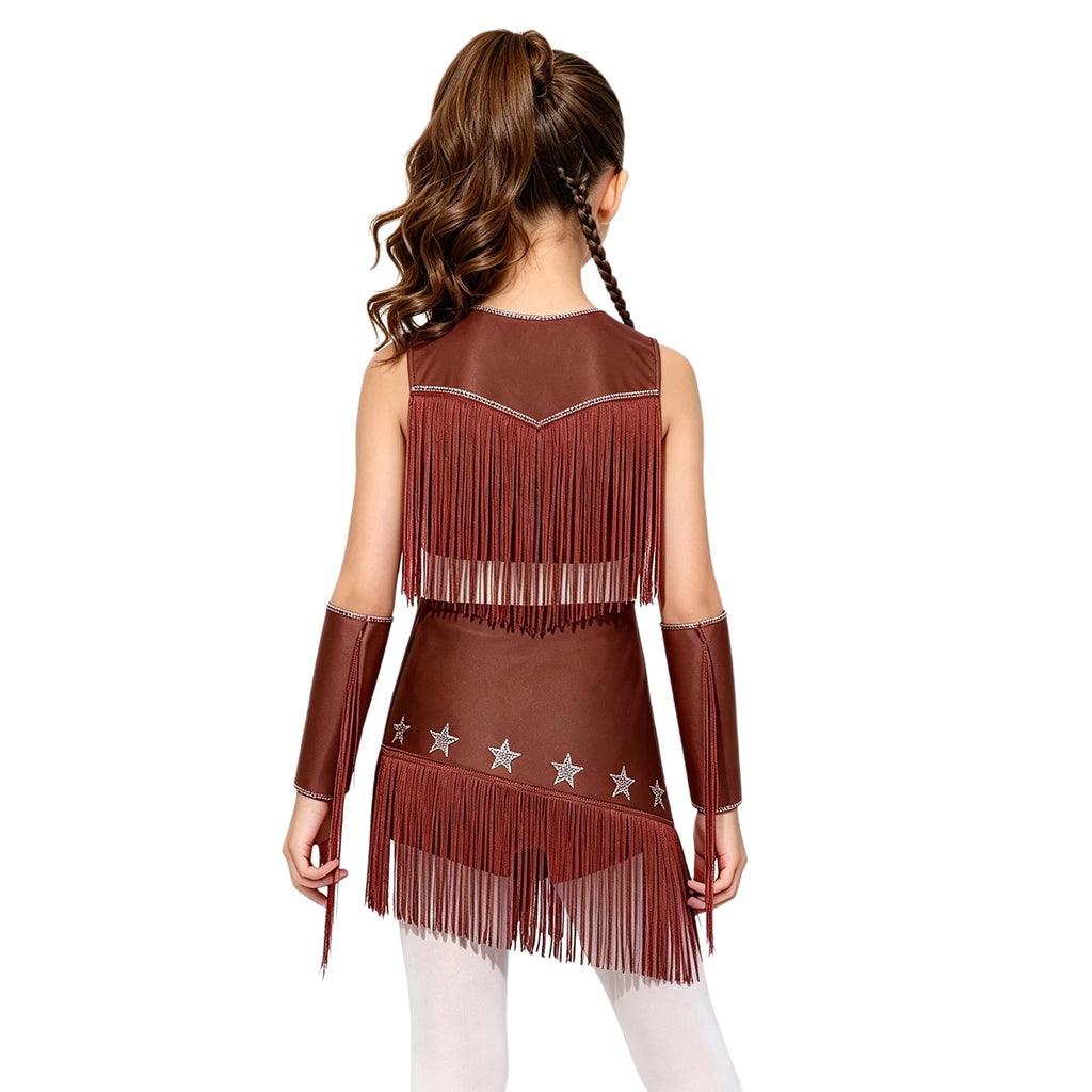 Girls Cowgirl Fringe Dance Costume - Sequined Tops & Skirt Set