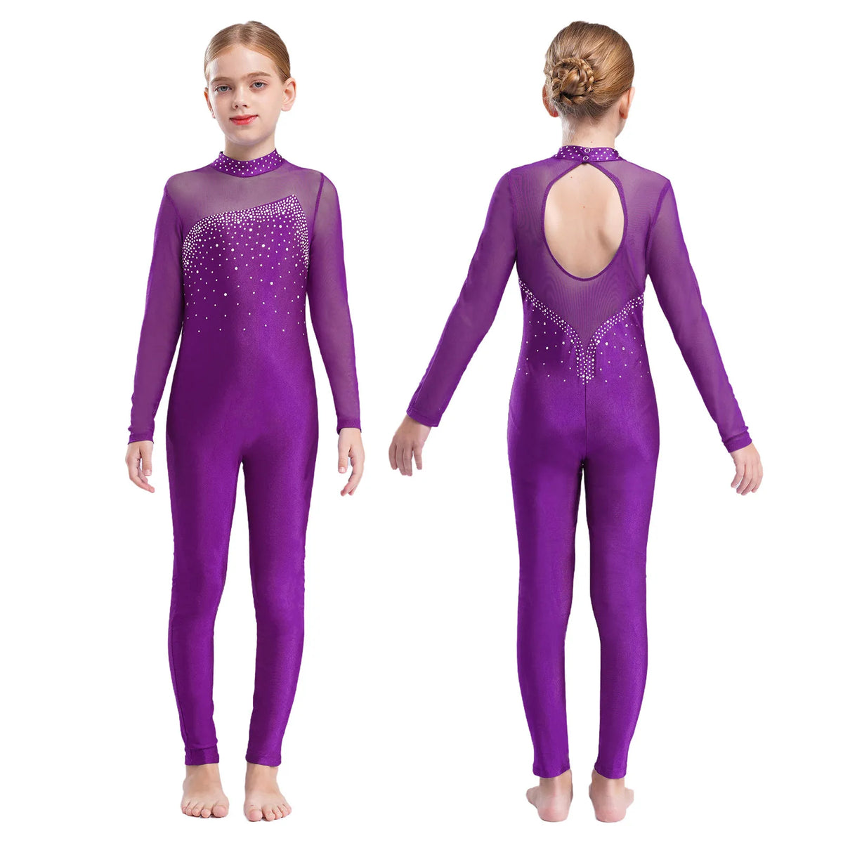 Girls Rhinestone Figure Skating Jumpsuit - Backless Gymnastic Leotard