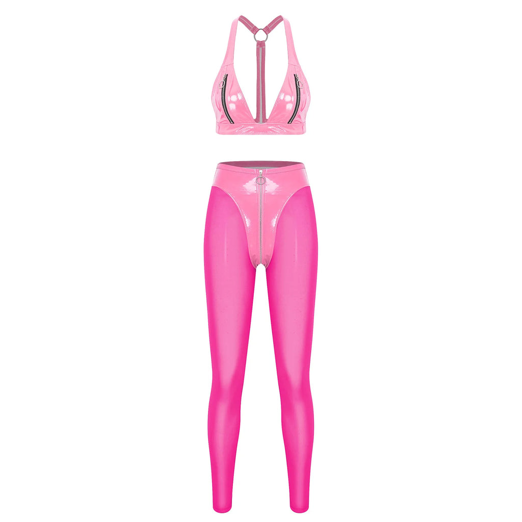 Y2K Glossy PU Leather Pants Set - Lace-Up Top & Sheer Mesh Leggings