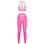 Y2K Glossy PU Leather Pants Set - Lace-Up Top & Sheer Mesh Leggings
