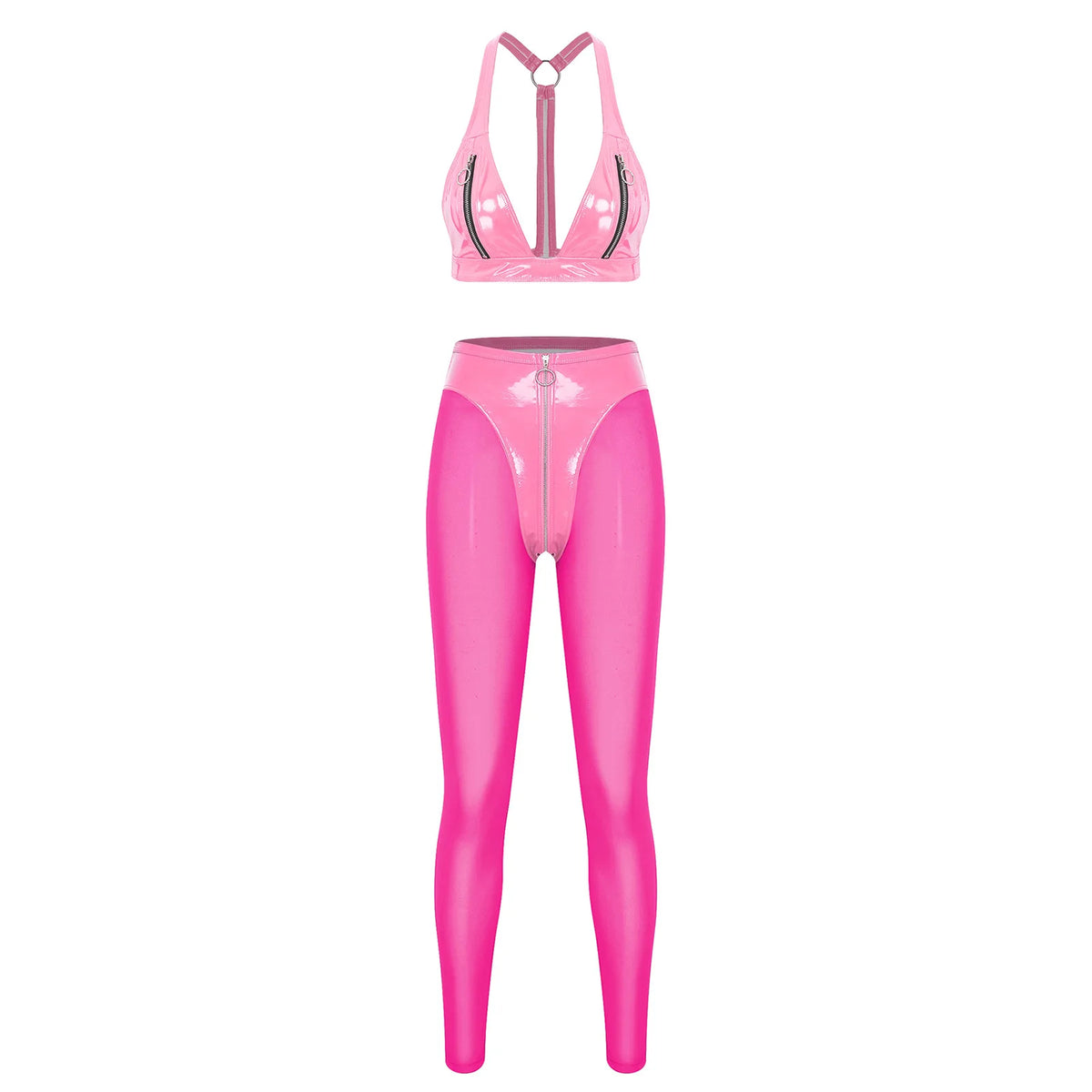 Y2K Glossy PU Leather Pants Set - Lace-Up Top & Sheer Mesh Leggings